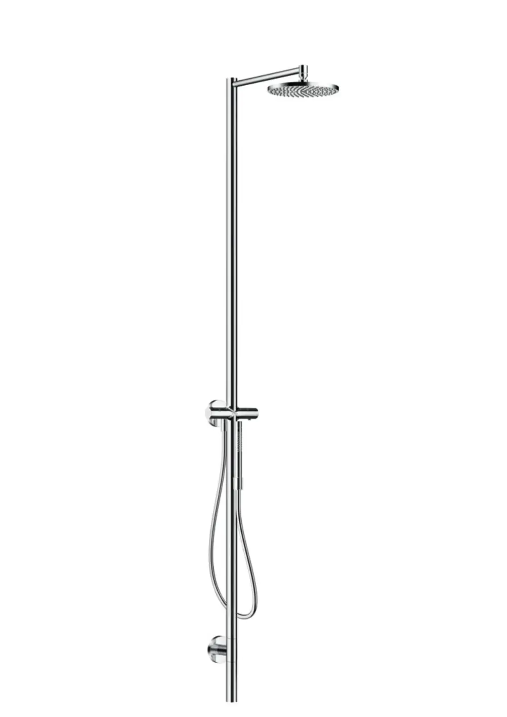 Duschsäule aus glänzendem Chrom mit Thermostat und Kopfbrause. Von AXOR, mit separatem Handbrauseanschluss und flexibler Höhenverstellung.